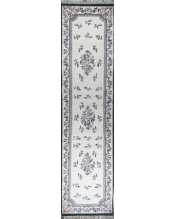 Floral Ivory/Emerald Green Wool Hand Knotted Runner Indian Rug