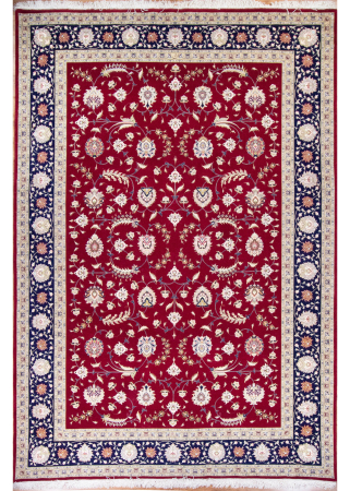 Tabriz Afshan Red Wool & Silk Hand Knotted Persian Rug