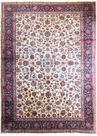 Mashad Afshan Cream/Blue Wool Hand Knotted Persian Rug