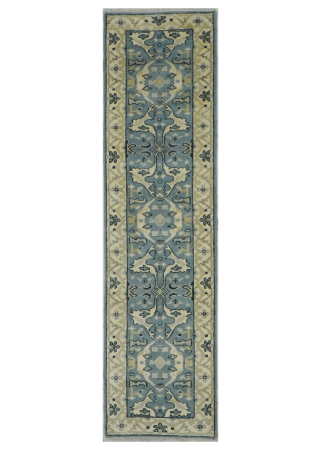 Oushak Grey/Ivory Wool Hand Knotted Runner Indian Rug