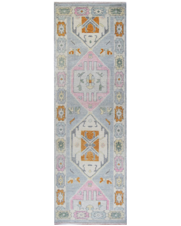 Oushak Colorful Grey/Ivory Wool Hand Knotted Runner Indian Rug