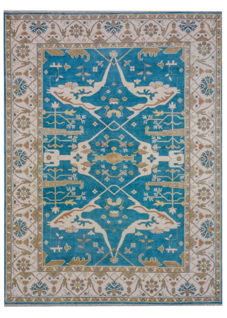 Oushak Light Blue/Ivory Wool Hand Knotted Indian Rug