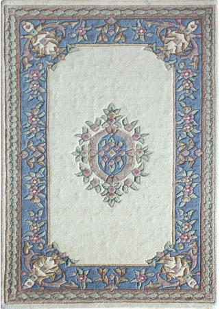Aubusson Sangam Ivory/Blue Wool Hand Knotted Indian Rug