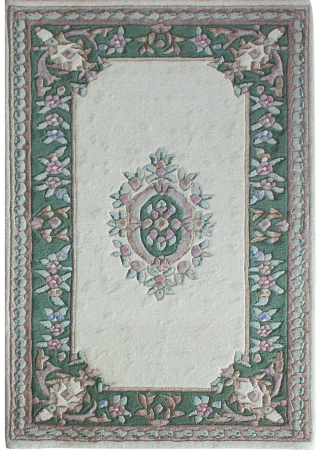 Aubusson Sangam Ivory/Green Wool Hand Knotted Indian Rug