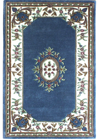 Aubusson Sangam Blue/Ivory Wool Hand Knotted Indian Rug