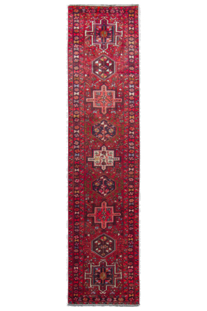 Gharajeh Semi-Antique Medallion Red Wool Hand Knotted Runner Persian Rug