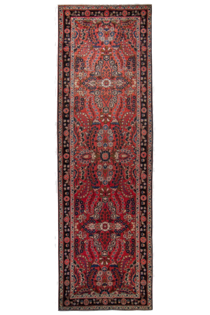 Darjazin Semi-Antique Medallion Red Wool Hand Knotted Runner Persian Rug
