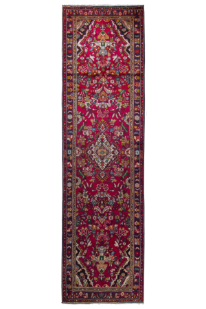 Mehraban Semi-Antique Medallion Red Wool Hand Knotted Runner Persian Rug