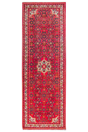 Hosseinabad Semi-Antique Medallion Red Wool Hand Knotted Runner Persian Rug
