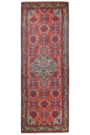 Tajabad Semi-Antique Medallion Red Wool Hand Knotted Runner Persian Rug