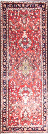 Mehraban Semi-Antique Medallion Red Wool Hand Knotted Runner Persian Rug