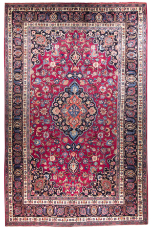 Mashad Semi-Antique Medallion Red Wool Hand Knotted Persian Rug