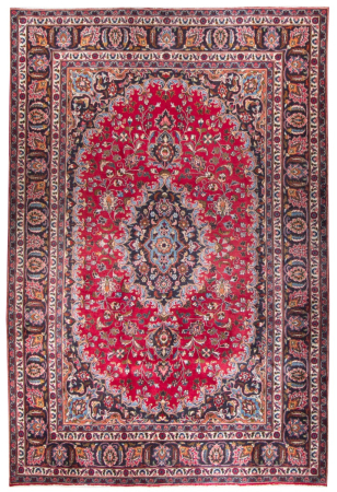 Mashad Semi-Antique Medallion Red Wool Hand Knotted Persian Rug