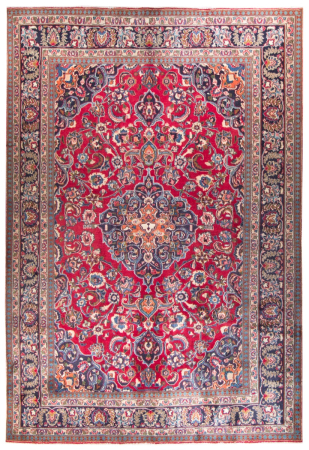 Mashad Semi-Antique Medallion Red Wool Hand Knotted Persian Rug