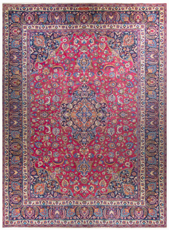 Mashad Semi-Antique Medallion Red Wool Hand Knotted Persian Rug