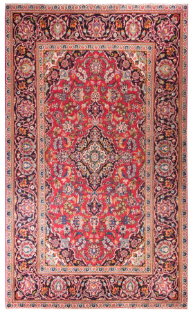 Keshan Semi-Antique Medallion Red Wool Hand Knotted Persian Rug