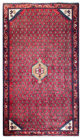 Mir Semi-Antique Boteh Medallion Red Wool Hand Knotted Persian Rug