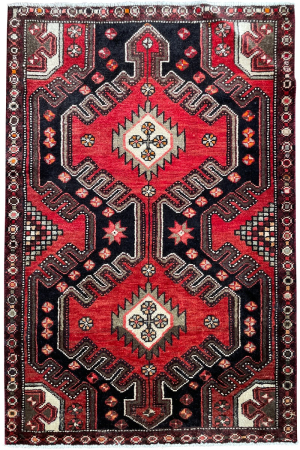 Khamseh Semi-Antique Medallion Red Wool Hand Knotted Persian Rug