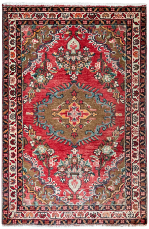 Hamadan Semi-Antique Medallion Red Wool Hand Knotted Persian Rug
