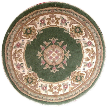 Aubusson Sangam Green Wool Hand Knotted Round Indian Rug