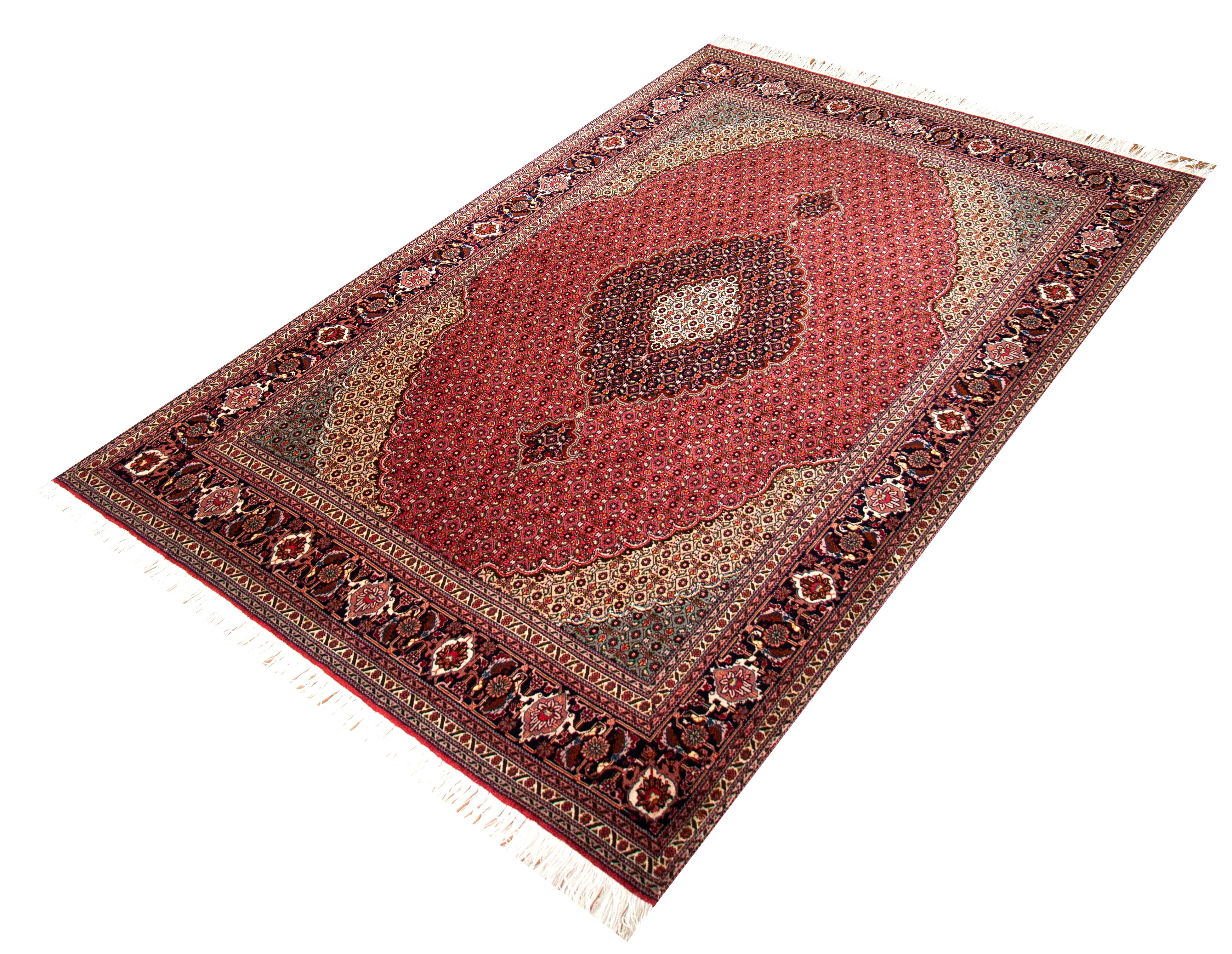 Mahi Red Wool & Silk Hand Knotted Persian Rug, featuring Red tones and Floral design, ideal area rug for any room in your home.