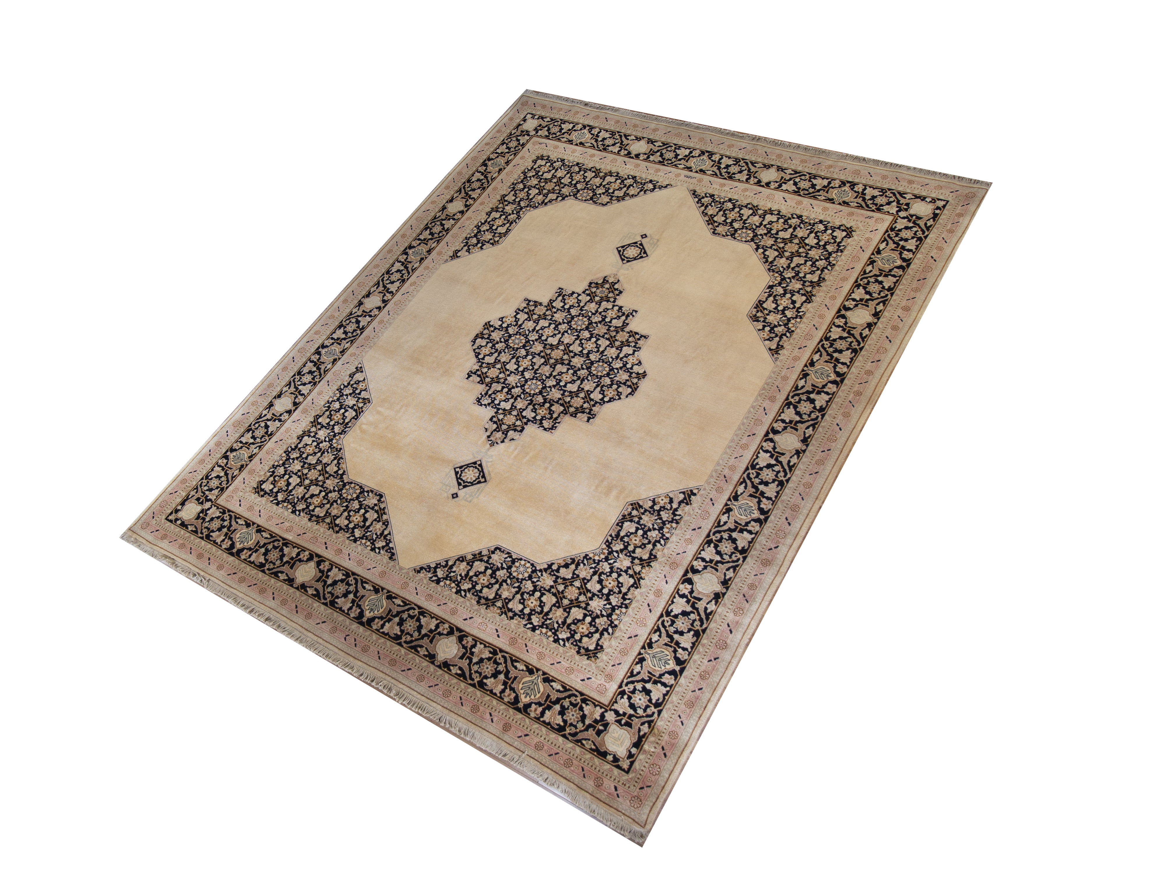 Tabriz Beige/Black Wool & Silk Hand Knotted Persian Rug, featuring Ivory tones and Floral design, ideal area rug for any room in your home.