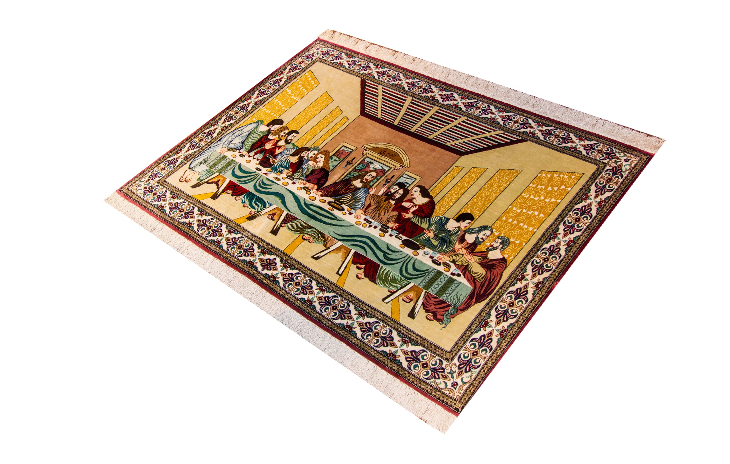 Qum Last Supper Pictorial Silk Hand Knotted Persian Rug, featuring Rust tones and Floral, Geometric design, ideal area rug for any room in your home.