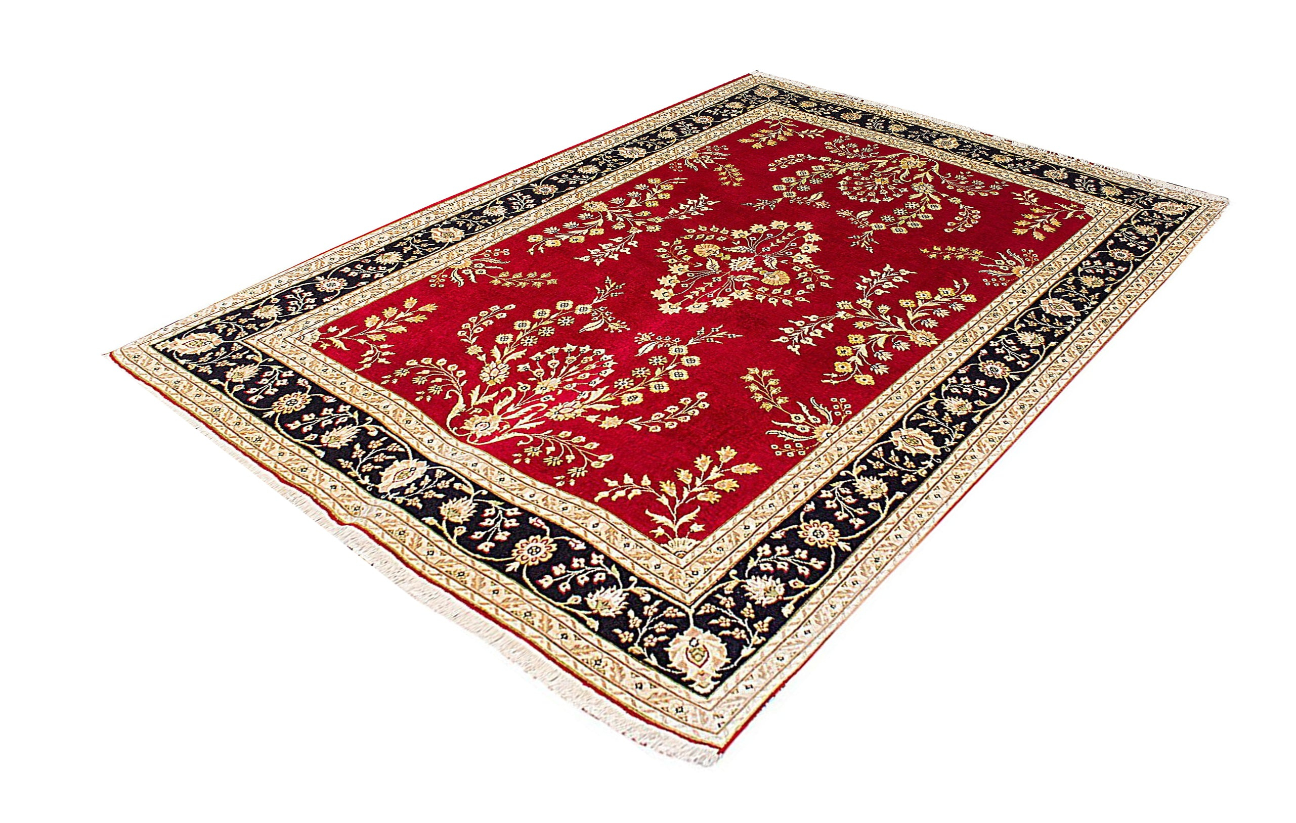 Tabriz Lilian Red Wool & Silk Hand Knotted Persian Rug, featuring Red tones and Floral design, ideal area rug for any room in your home.