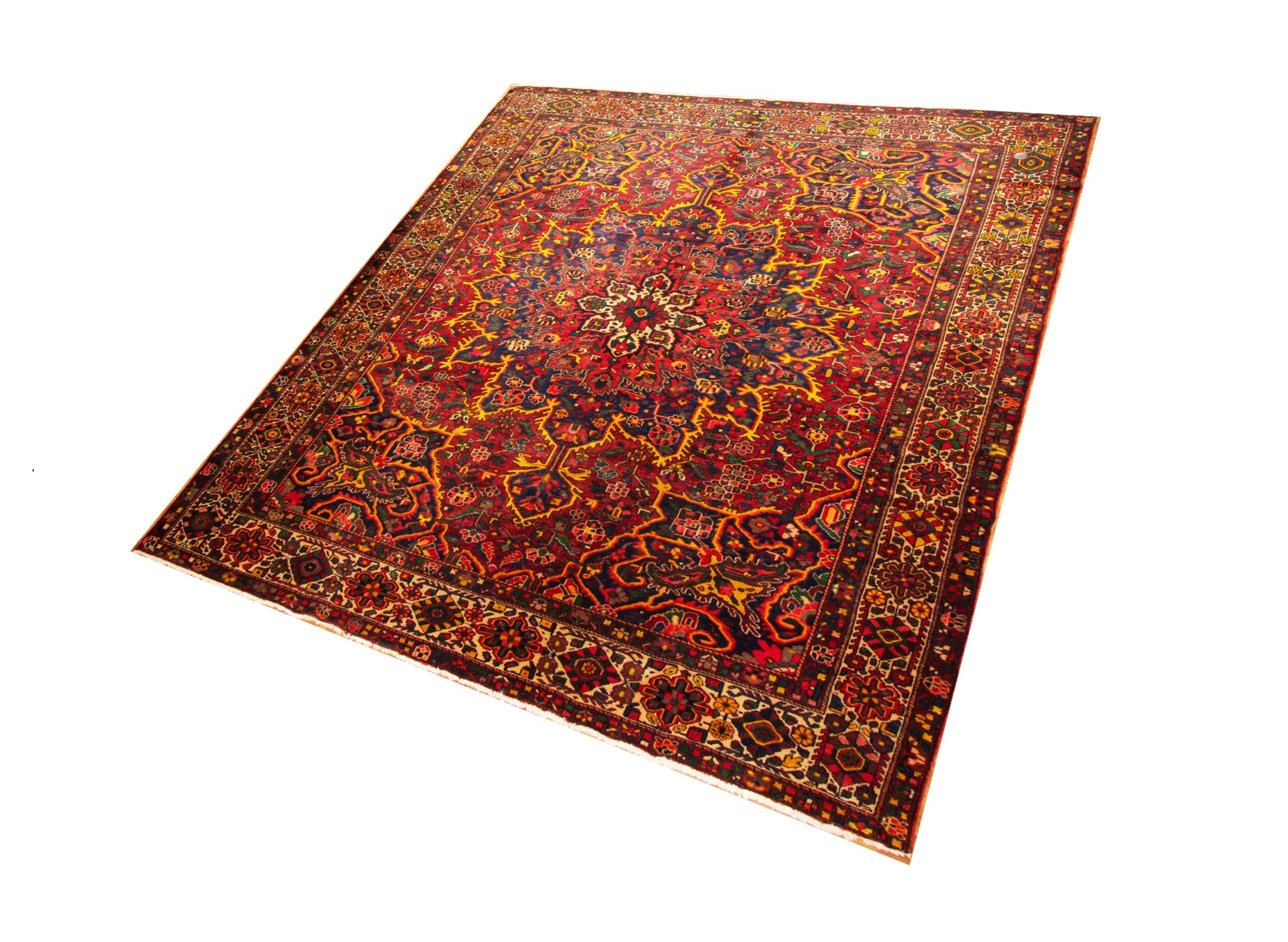 Bakhtiari Semi-Antique Wool Hand Knotted Persian Rug, featuring Red tones and Floral design, ideal area rug for any room in your home.