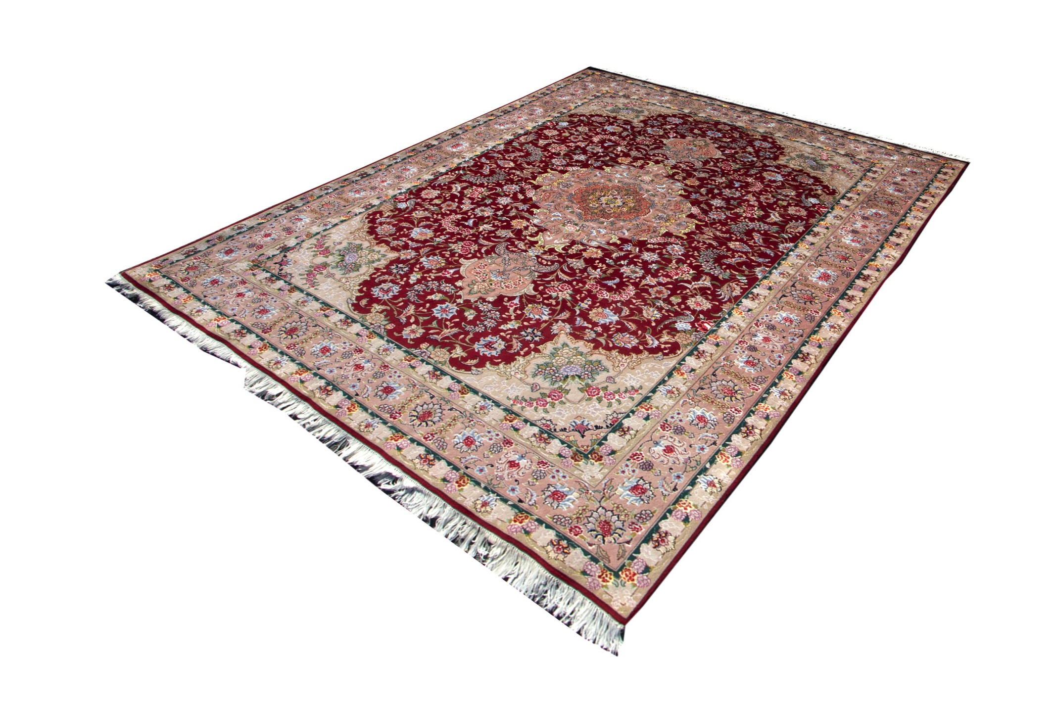 Tabriz Wine Wool & Silk Hand Knotted Persian Rug, featuring Red tones and Floral design, ideal area rug for any room in your home.