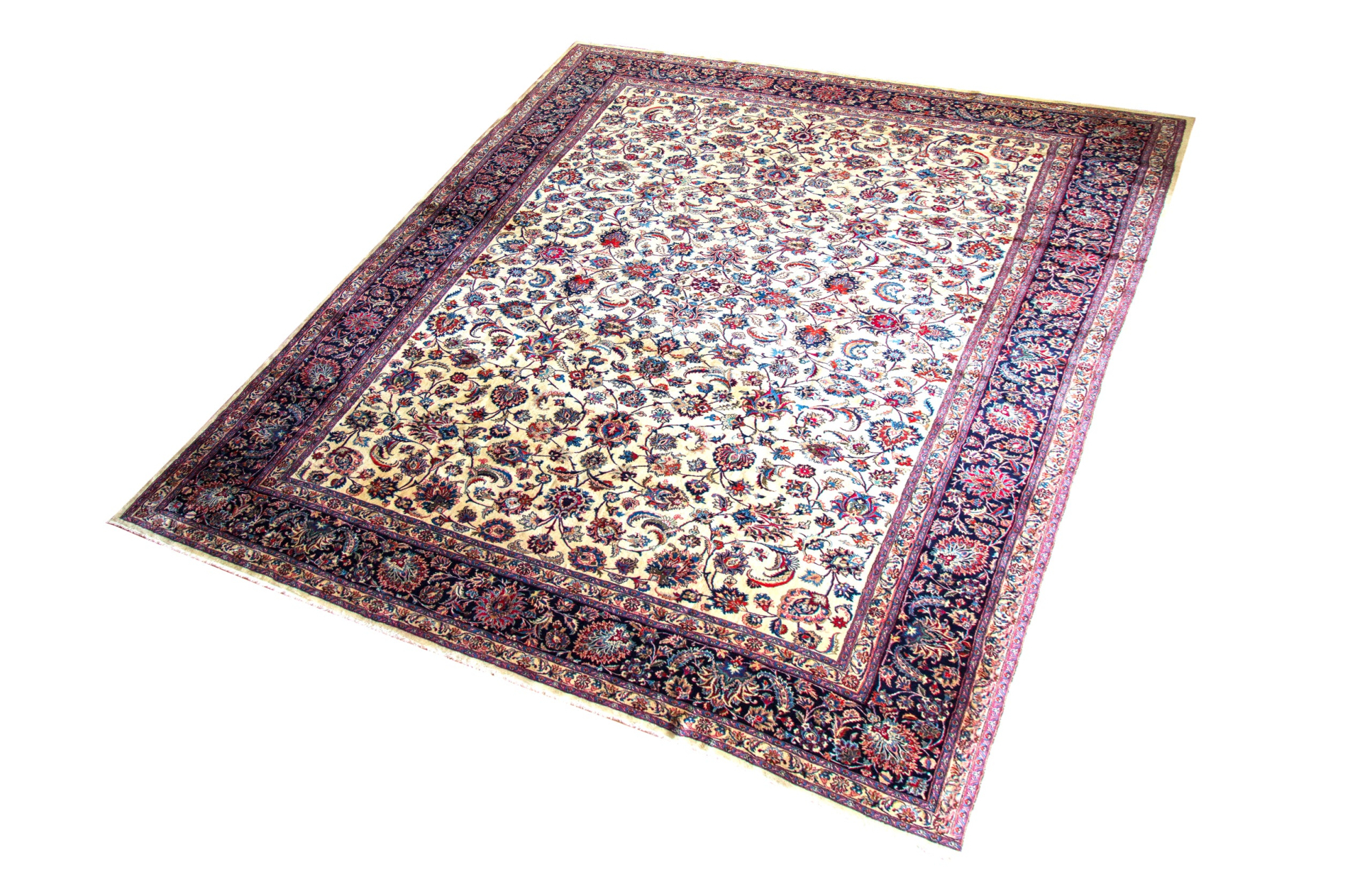 Mashad Afshan Cream/Blue Wool Hand Knotted Persian Rug, featuring Multi tones and Floral design, ideal area rug for any room in your home.