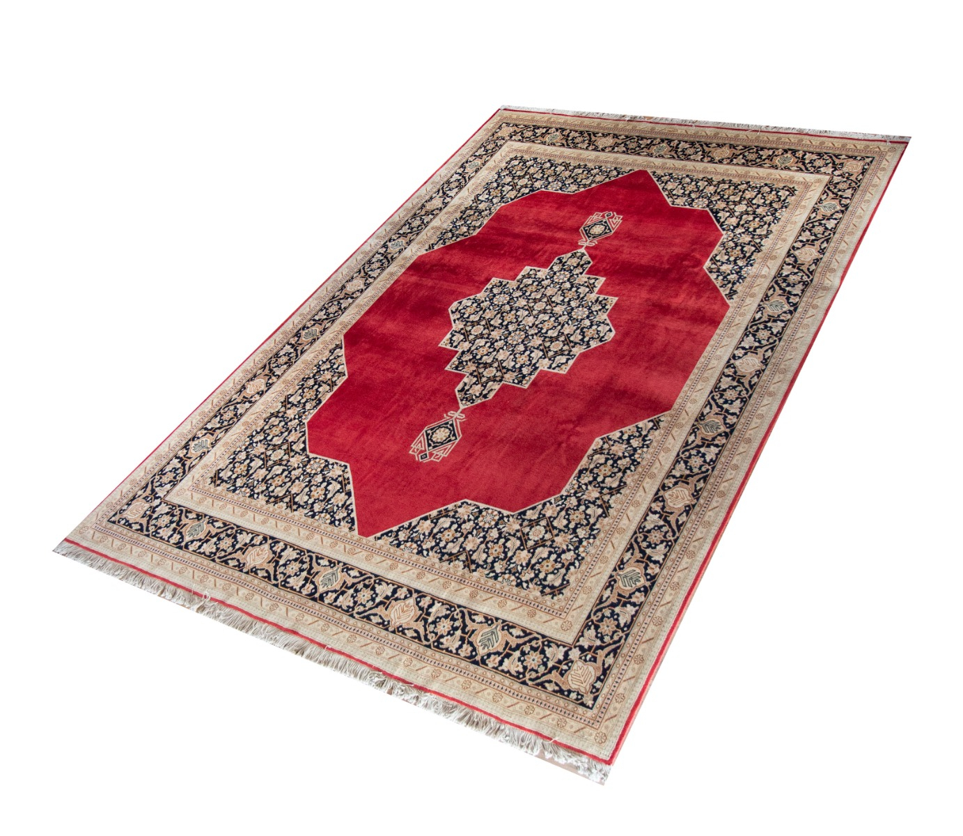 Tabriz Red/Navy Wool Hand Knotted Persian Rug, featuring Red tones and Floral design, ideal area rug for any room in your home.