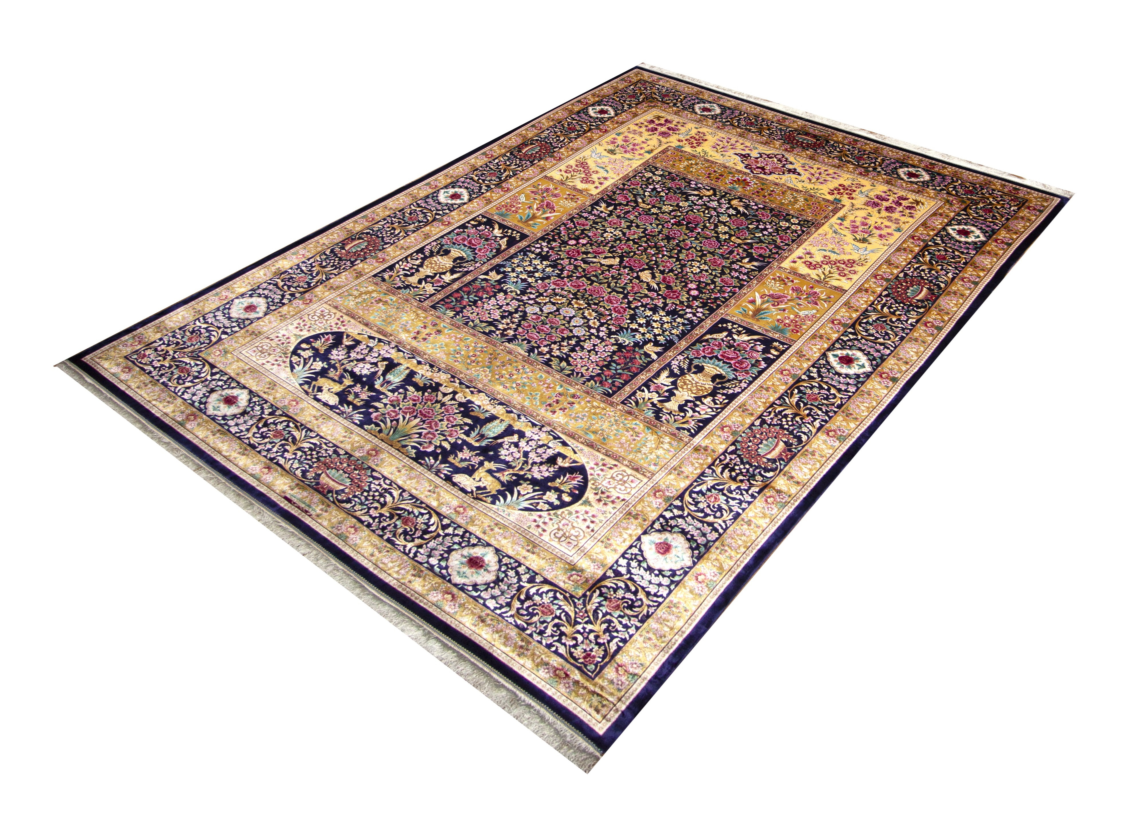 Qum Garden Panel Power Loom and Handmade Persian Rug, featuring Gold tones and Floral design, ideal area rug for any room in your home.