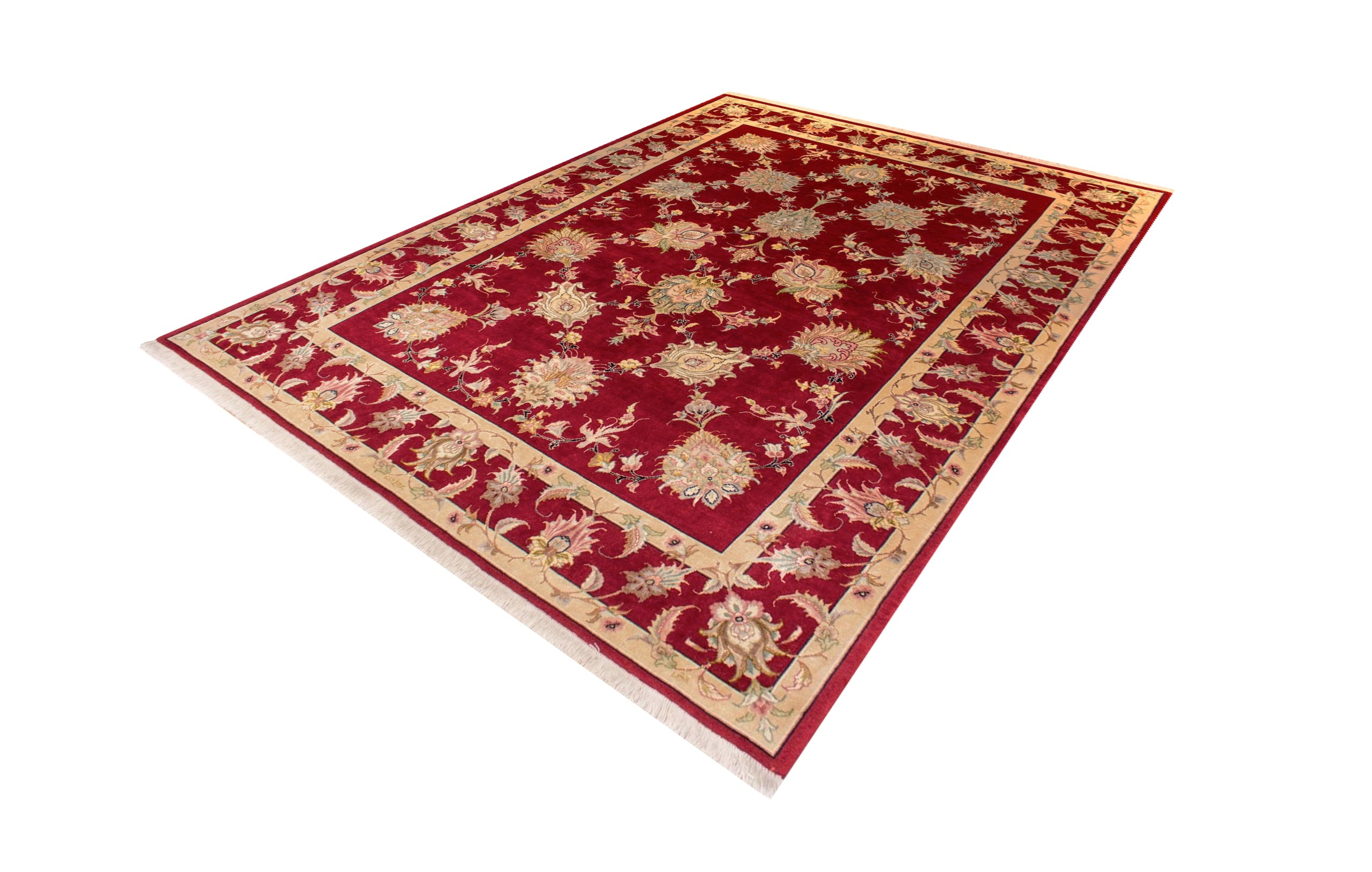 Tabriz Gol Red Wool & Silk Hand Knotted Persian Rug, featuring Red tones and Floral design, ideal area rug for any room in your home.