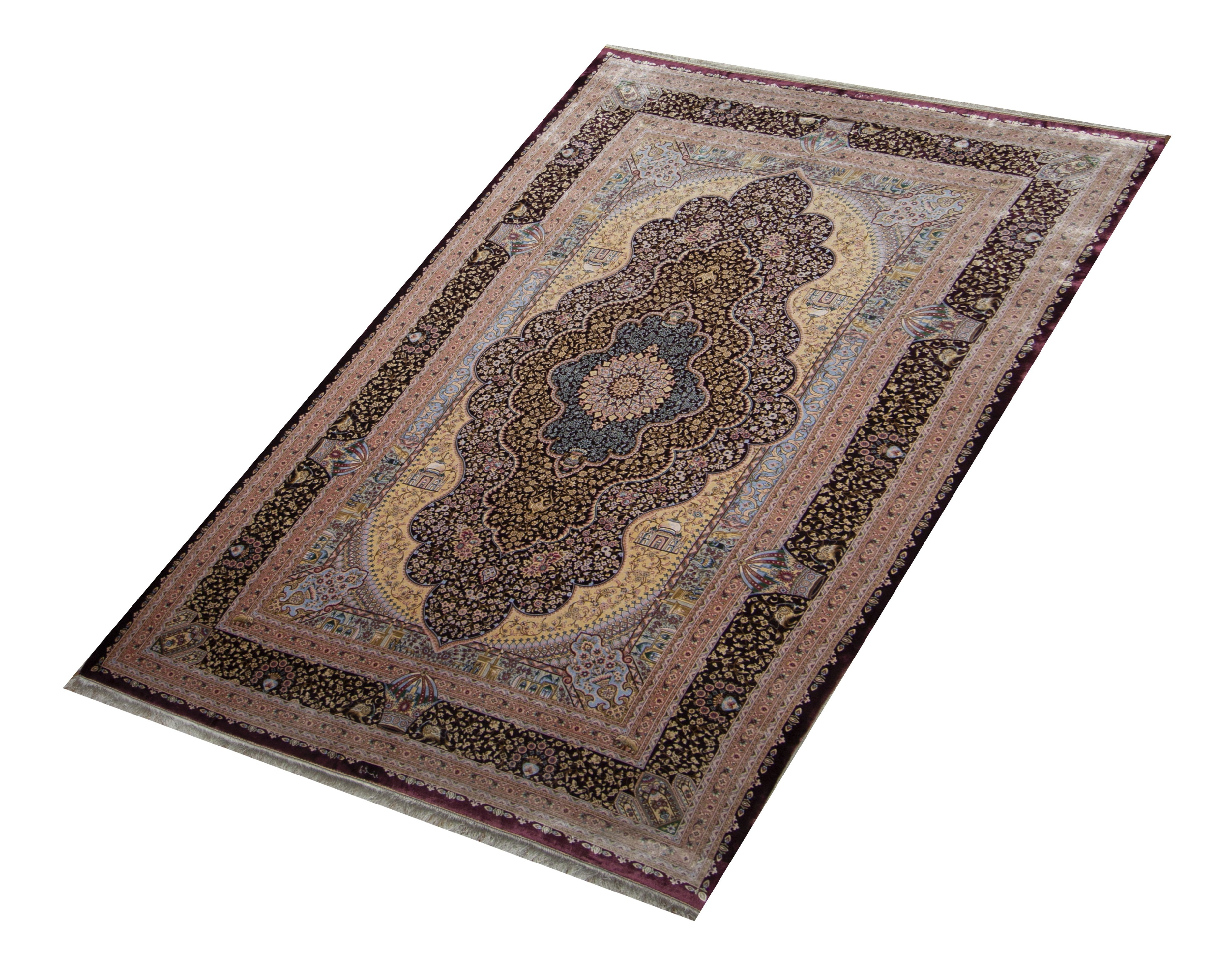 Qum Taj Burgundy Power Loom and Handmade Persian Rug, featuring Red tones and Floral design, ideal area rug for any room in your home.