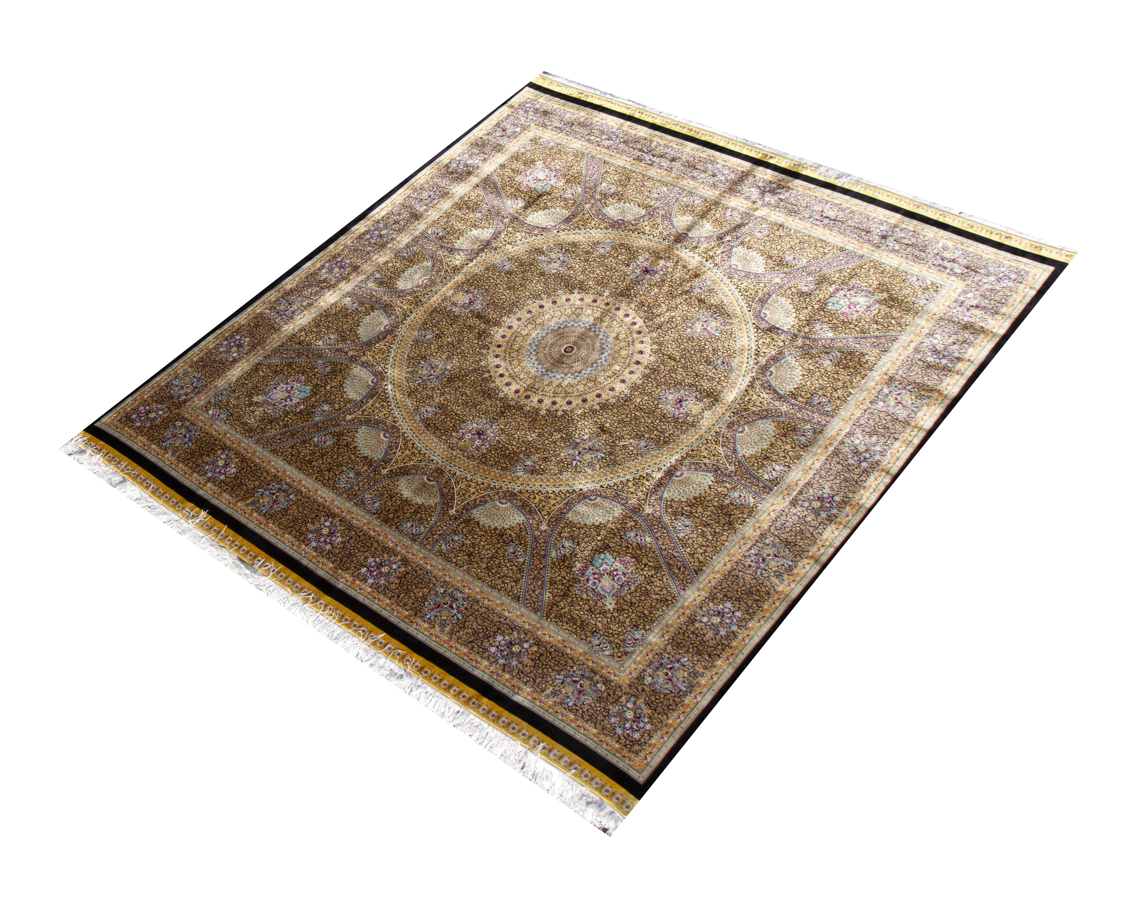 Qum Riz Dome Square Power Loom and Handmade Persian Rug, featuring Gold tones and Floral design, ideal area rug for any room in your home.