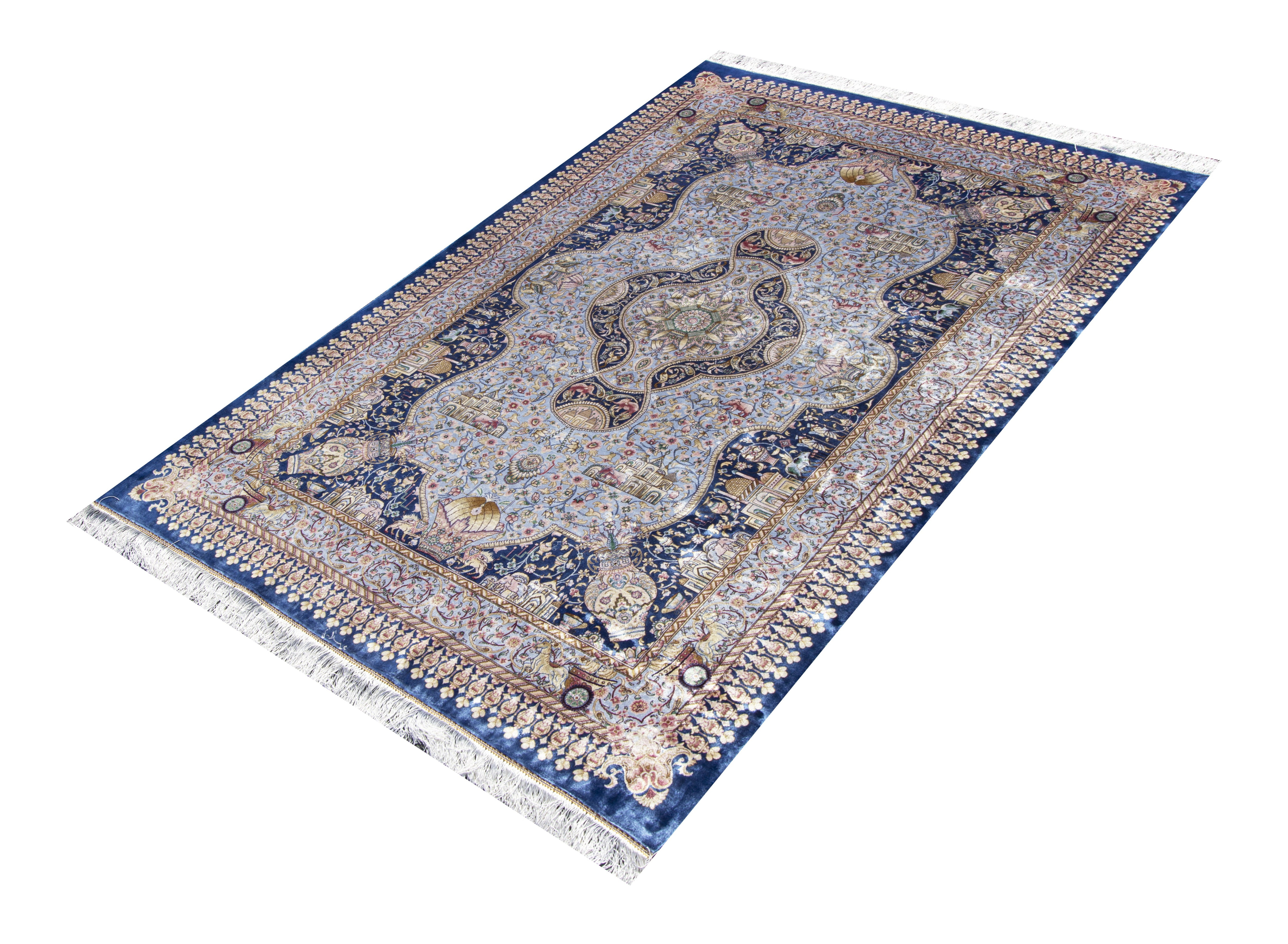 Qum Perspolis Power Loom and Handmade Persian Rug, featuring Blue tones and Floral design, ideal area rug for any room in your home.