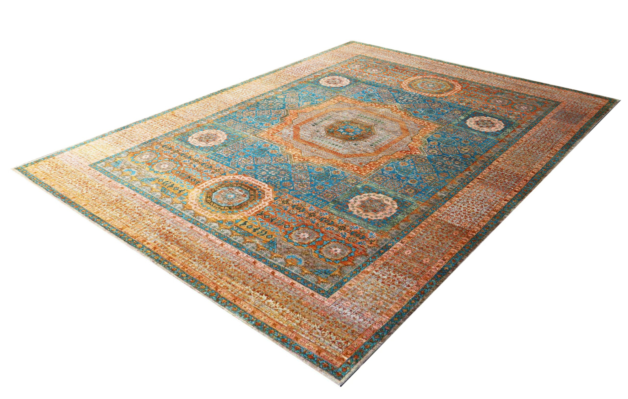 Mamluk Oxidized Hand Knotted Indian Rug, featuring Blue tones and Floral, Geometric design, ideal area rug for any room in your home.