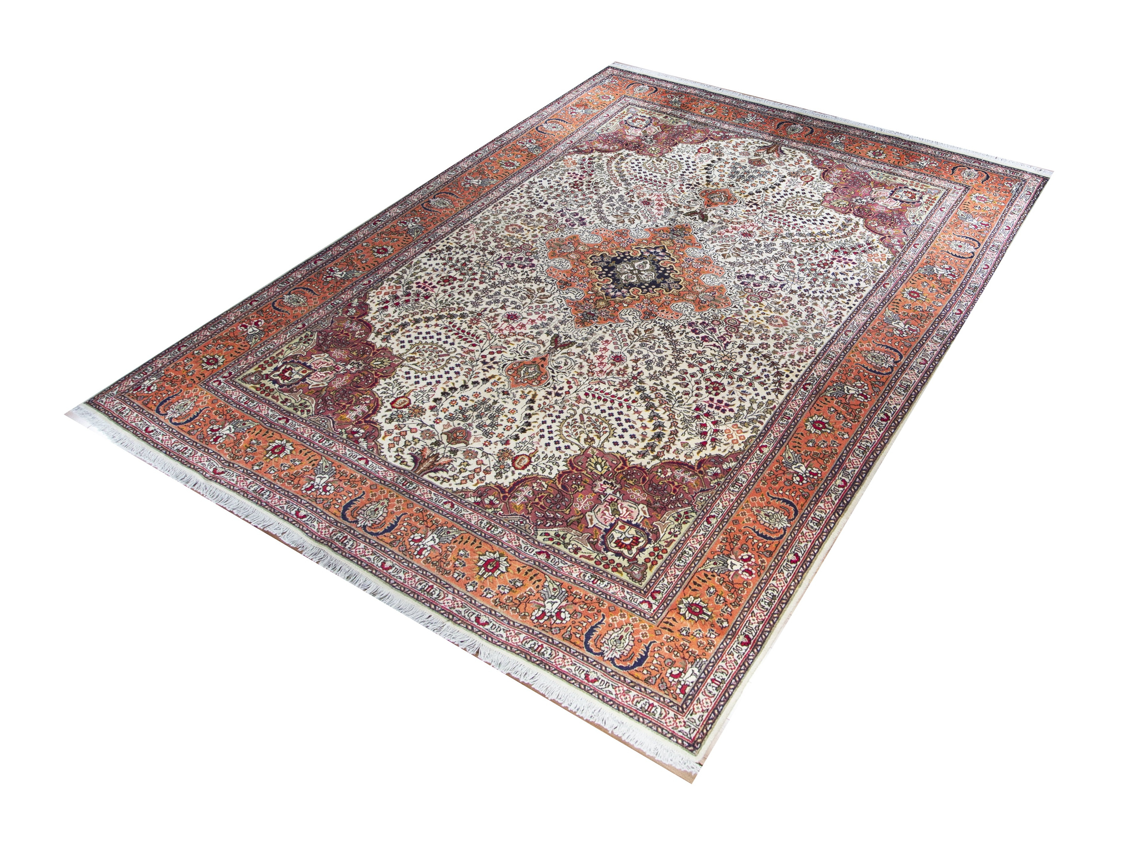 Tabriz Semi-Antique Cream Wool Hand Knotted Persian Rug, featuring Ivory tones and Floral design, ideal area rug for any room in your home.