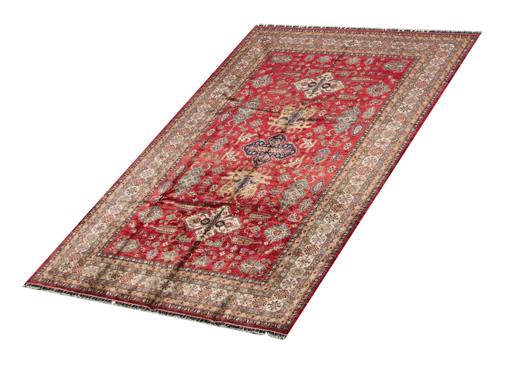 Kazak Super Fine Wool Hand Knotted Afghan Rug, featuring Red tones and Floral design, ideal area rug for any room in your home.