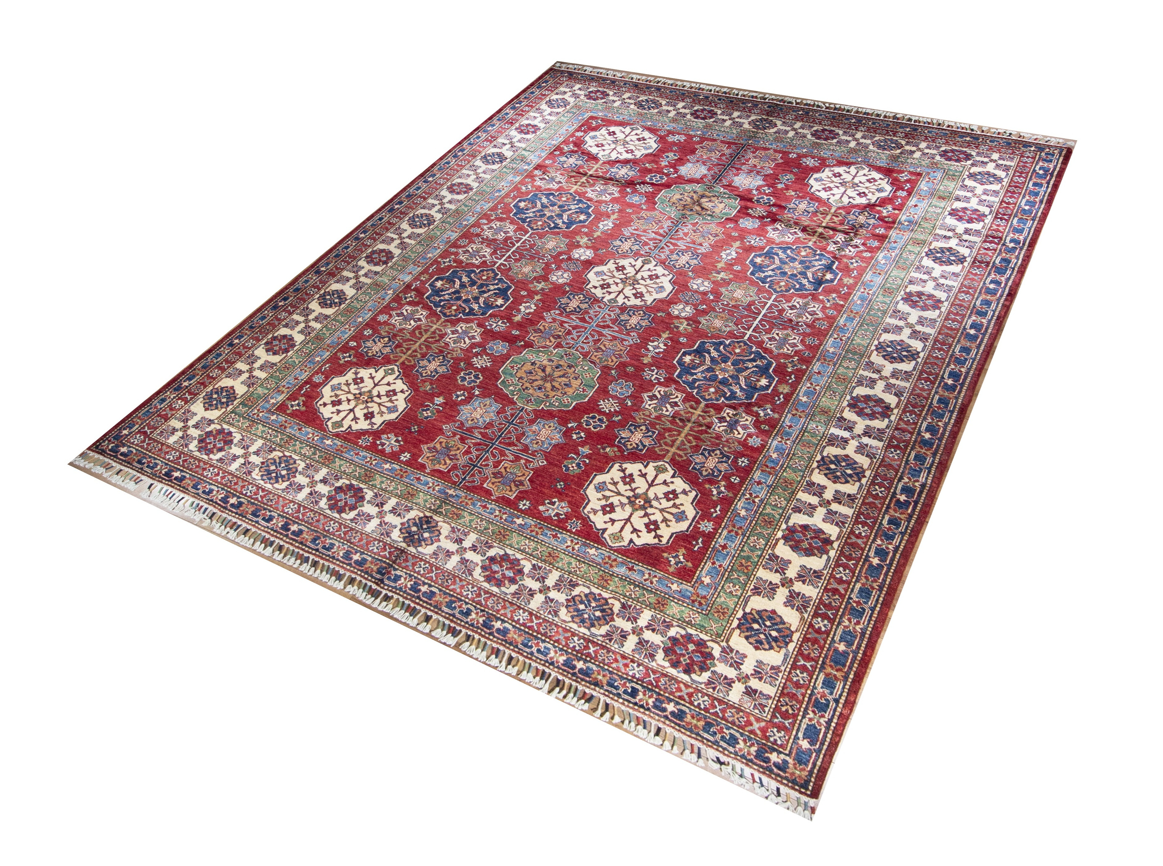 Kazak Super Fine Wool Hand Knotted Afghan Rug, featuring Red tones and Floral design, ideal area rug for any room in your home.