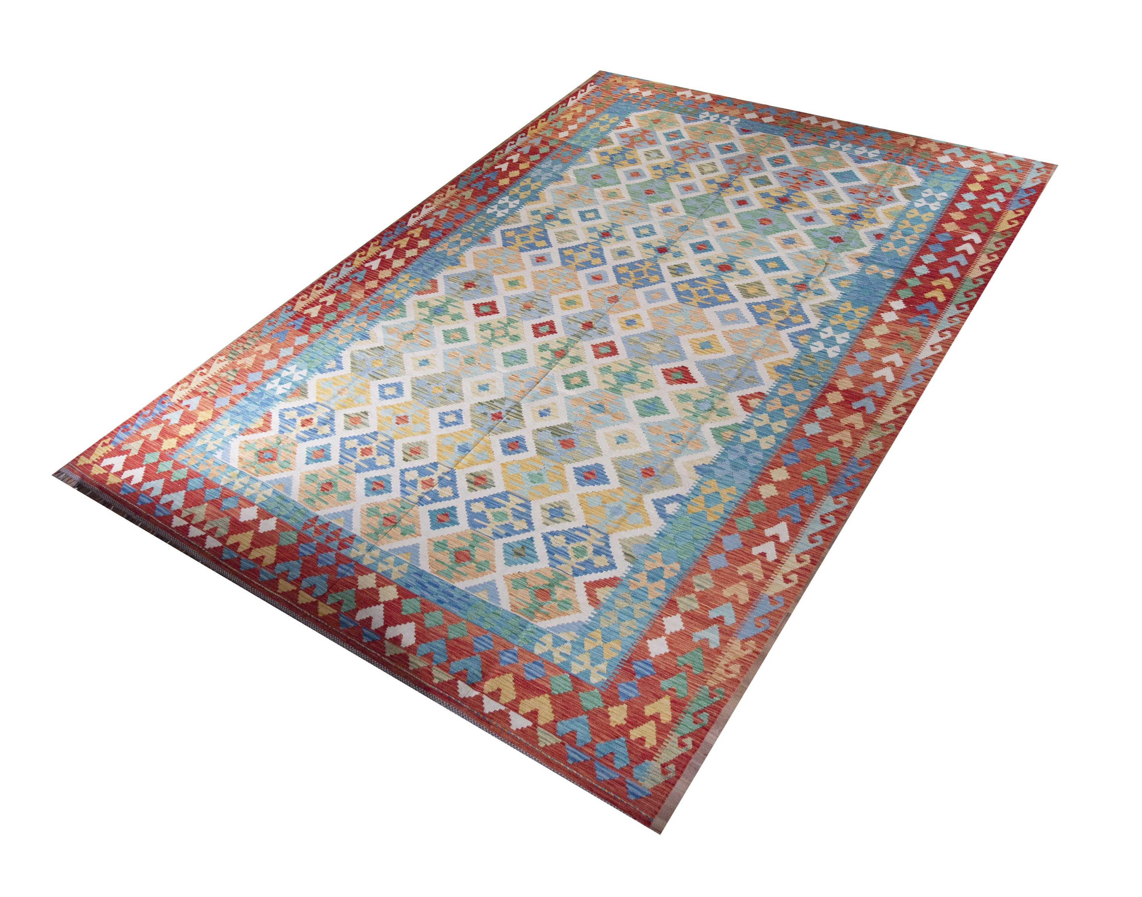 Kilim Maimana Wool Hand Woven Afghan Rug, featuring Multi tones and Geometric design, ideal area rug for any room in your home.