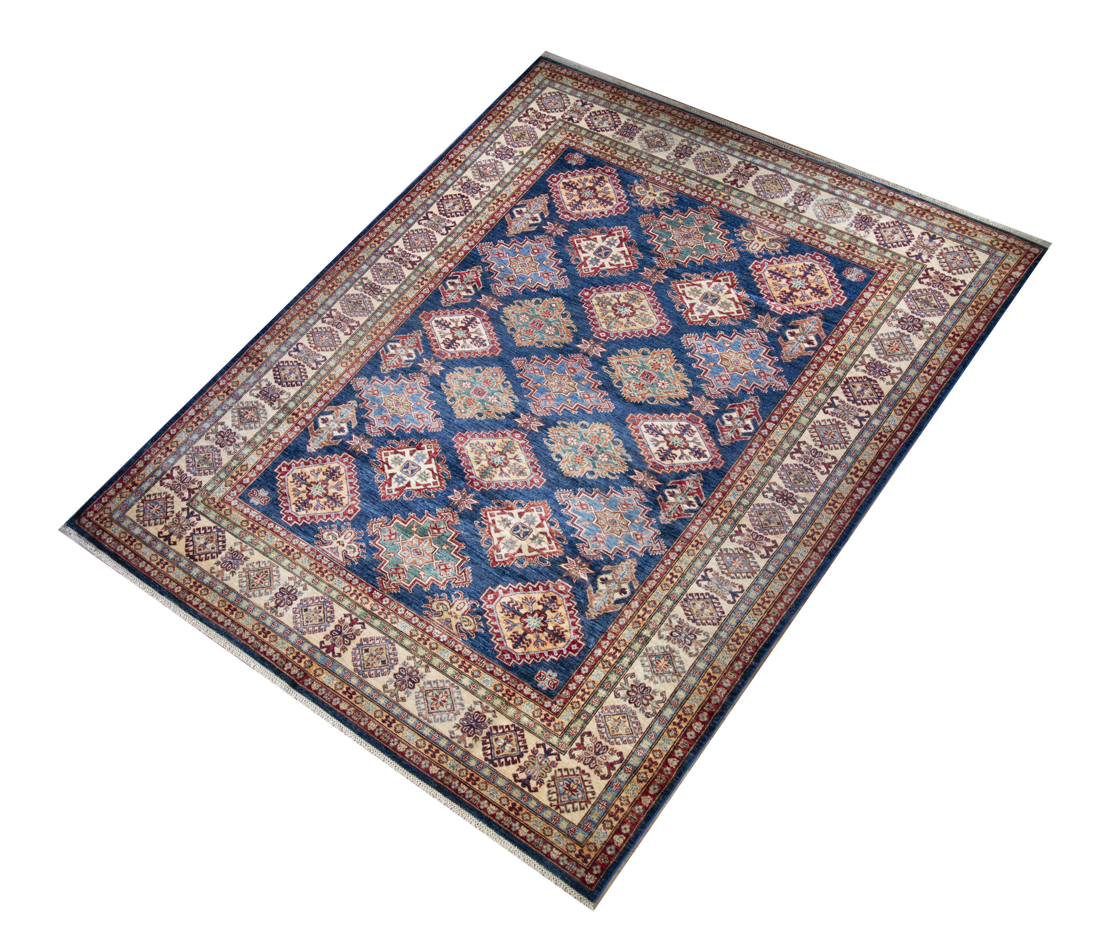 Kazak Jali Super Wool Hand Knotted Pakistani Rug, featuring Blue tones and Floral design, ideal area rug for any room in your home.