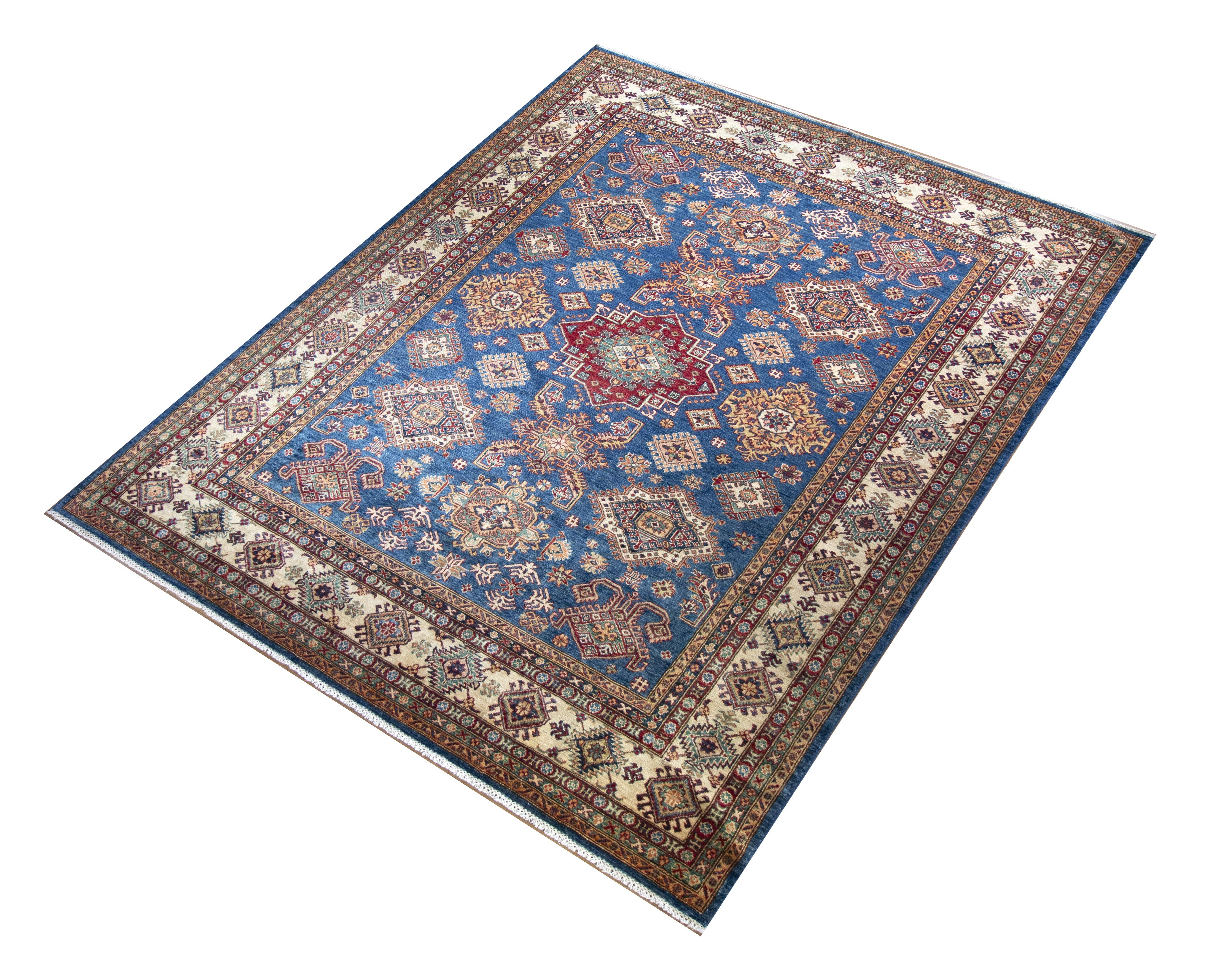 Kazak Jali Super Wool Hand Knotted Pakistani Rug, featuring Blue tones and Floral design, ideal area rug for any room in your home.