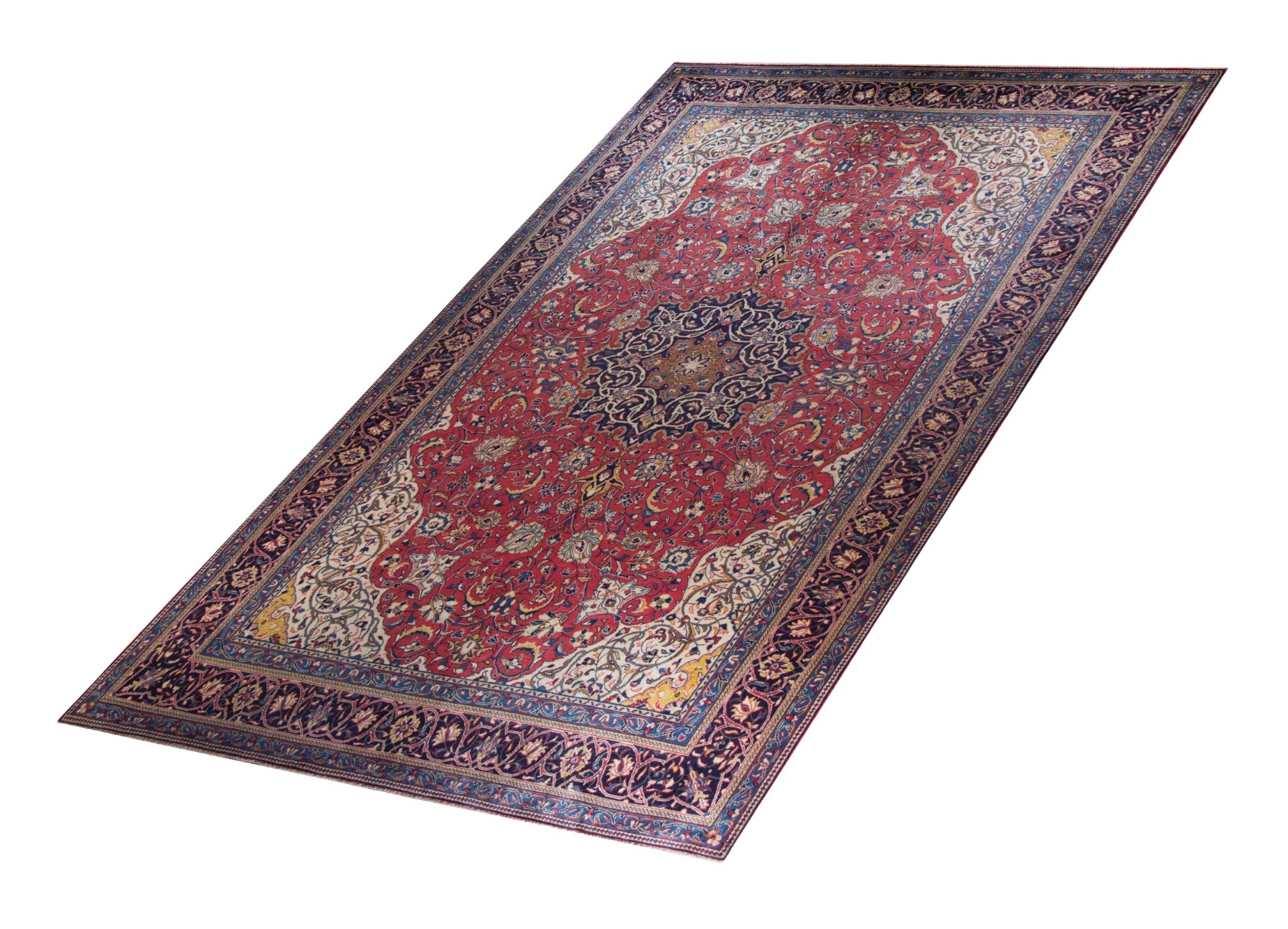 Sarough Semi-Antique Medallion Red Wool Hand Knotted Persian Rug, featuring Red tones and Floral design, ideal area rug for any room in your home.