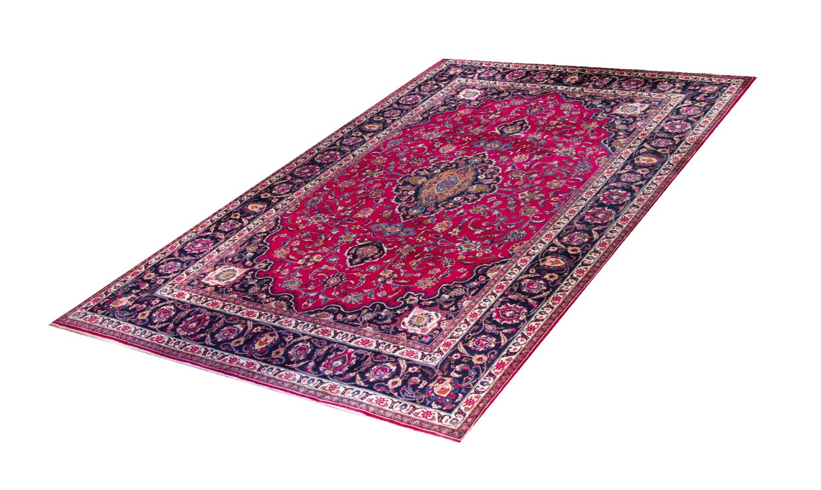 Mashad Semi-Antique Medallion Red Wool Hand Knotted Persian Rug, featuring Red tones and Floral design, ideal area rug for any room in your home.