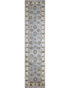 Chobi Blue/Ivory Hand Knotted Runner Indian Rug