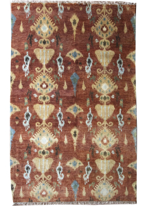 Ikat Rust Wool Hand Knotted Indian Rug