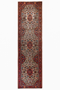 Rudbar Semi-Antique Medallion Beige Wool Hand Knotted Runner Persian Rug