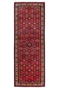 Hosseinabad Semi-Antique Medallion Red Wool Hand Knotted Runner Persian Rug